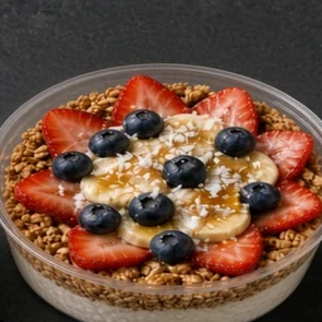 Caribbean Coco bowl: coconut base with granola, strawberries, banana slices and blueberries