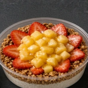 Strawberry Colada bowl: coconut base with granola, strawberries, banana and pineapple chunks