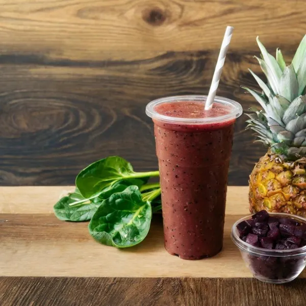Açaí Fun Fit smoothie made with coconut milk, apple juice, whey vanilla, açaí, spinach, pineapple, banana