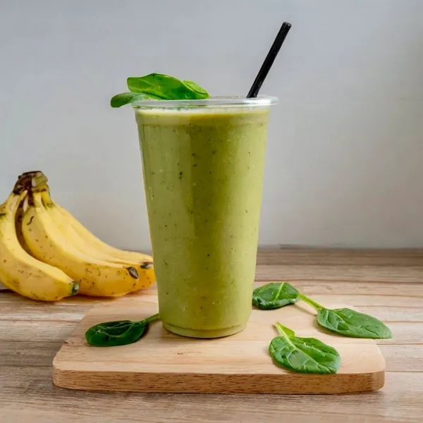 Ashley’s Brunch smoothie made with almond milk, almond butter, vegan vanilla protein, banana, spinach, cinnamon, almond butter drizzle