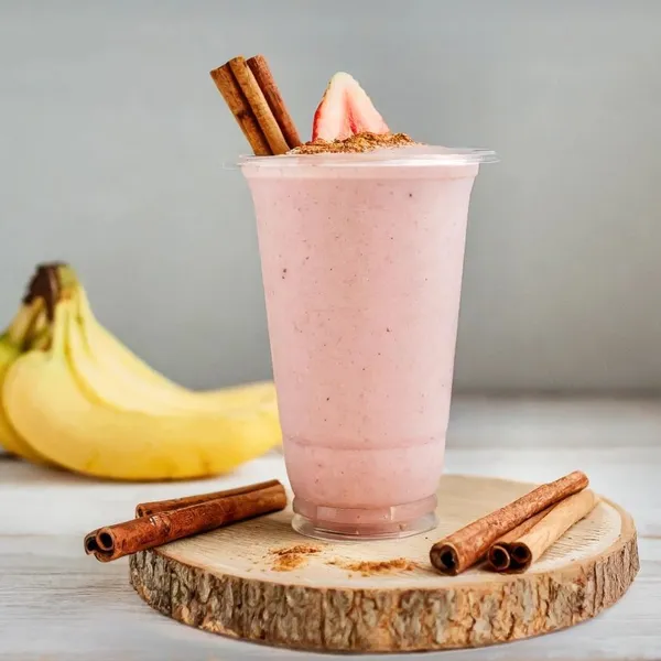 Brunch smoothie made with almond milk, almond butter, vegan vanilla protein, banana, strawberry, cinnamon, almond butter drizzle