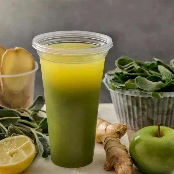 Focus fresh juice made with ginger, apple, kale, lemon, pineapple, spinach, sage