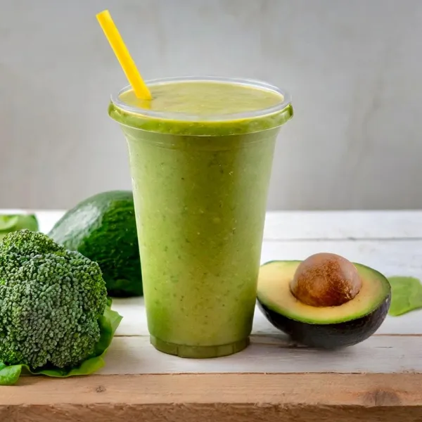 Glow smoothie made with coconut milk, collagen peptides, kale, avocado, banana, pineapple