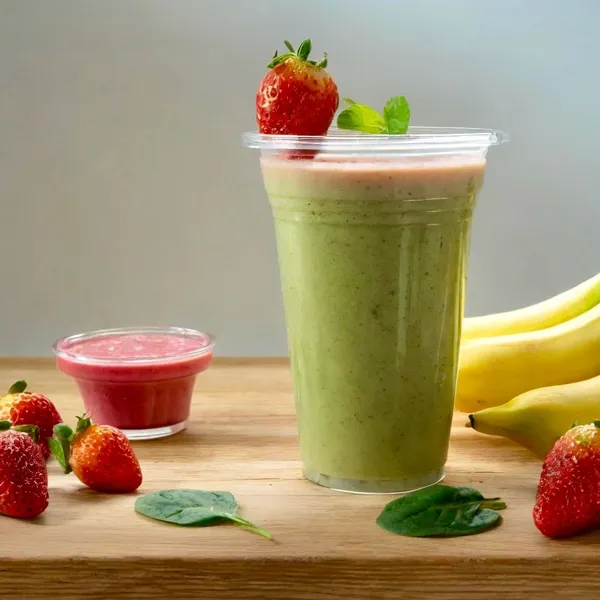 Green Giggles smoothie made with almond milk, Orgain Kids vanilla protein, spinach, banana, strawberry