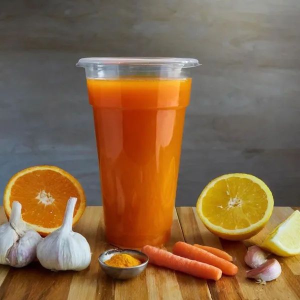 Immunity Supporter fresh juice made with carrot, orange, lemon, ginger, turmeric, echinacea, garlic