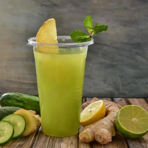 Minty Tummy Soother fresh juice made with ginger, cucumber, lemon, pineapple, mint