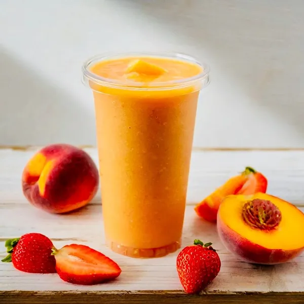 Peach Sunrise smoothie made with apple juice, orange juice, pineapple, peach, strawberry