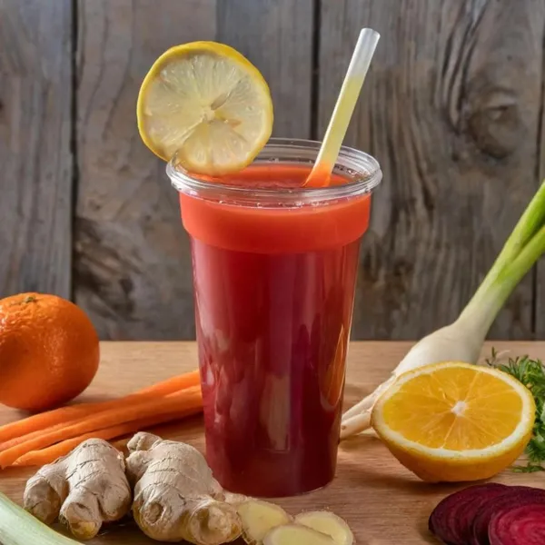 Recovery fresh juice made with orange, carrot, celery, beet, lemon, ginger, fennel