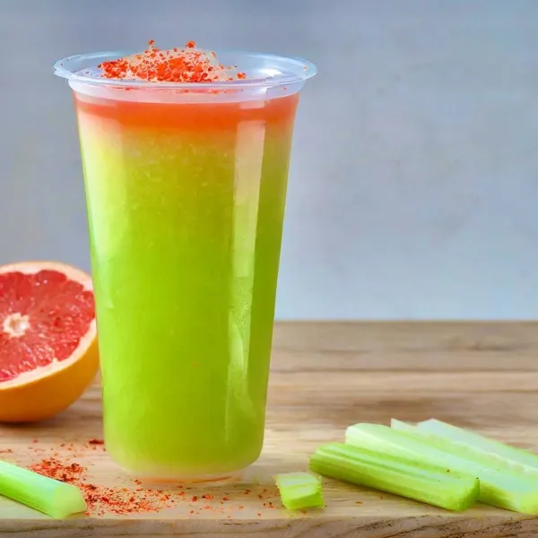 Skinny Genes fresh juice made with grapefruit, green apple, celery, lemon, ginger, cayenne