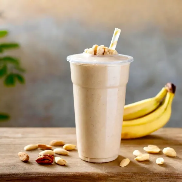 Vanilla Power Punch smoothie made with almond milk, whey vanilla protein, peanut butter, banana, peanut butter drizzle