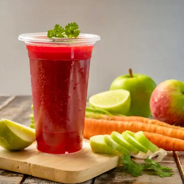 Vision Repair fresh juice made with beet, apple, celery, carrot, lemon, ginger