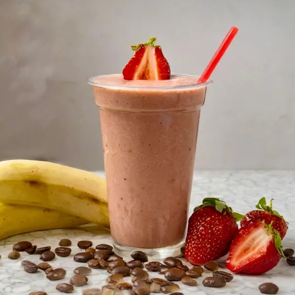 Wake-up Call smoothie made with almond milk, coffee, honey, peanut butter, banana, strawberry