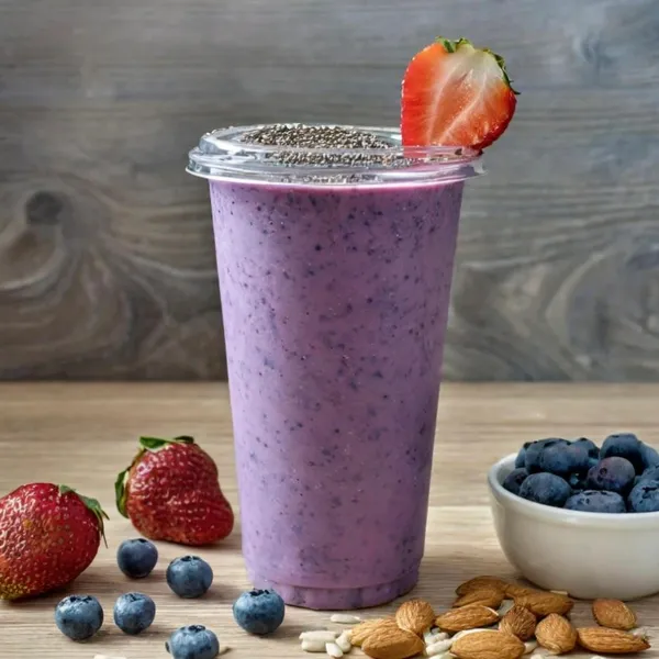 Yoga Guru smoothie made with almond milk, almond butter, vegan vanilla protein, banana, blueberry, strawberry, chia & flax seeds, almond butter drizzle