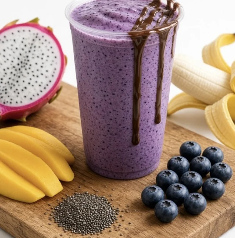 Super Nova smoothie: a purple dragon fruit and blueberry smoothie with Nutella drizzle, surrounded by dragon fruit, mango, banana, blueberries and chia seeds